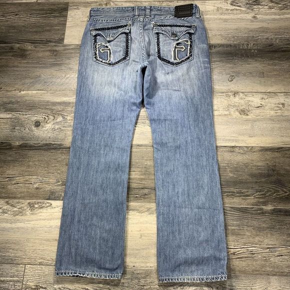 Vtg Affliction Blake Jeans Mens Sz 38x33 Light Wash Embroidered Baggy - Picture 1 of 14